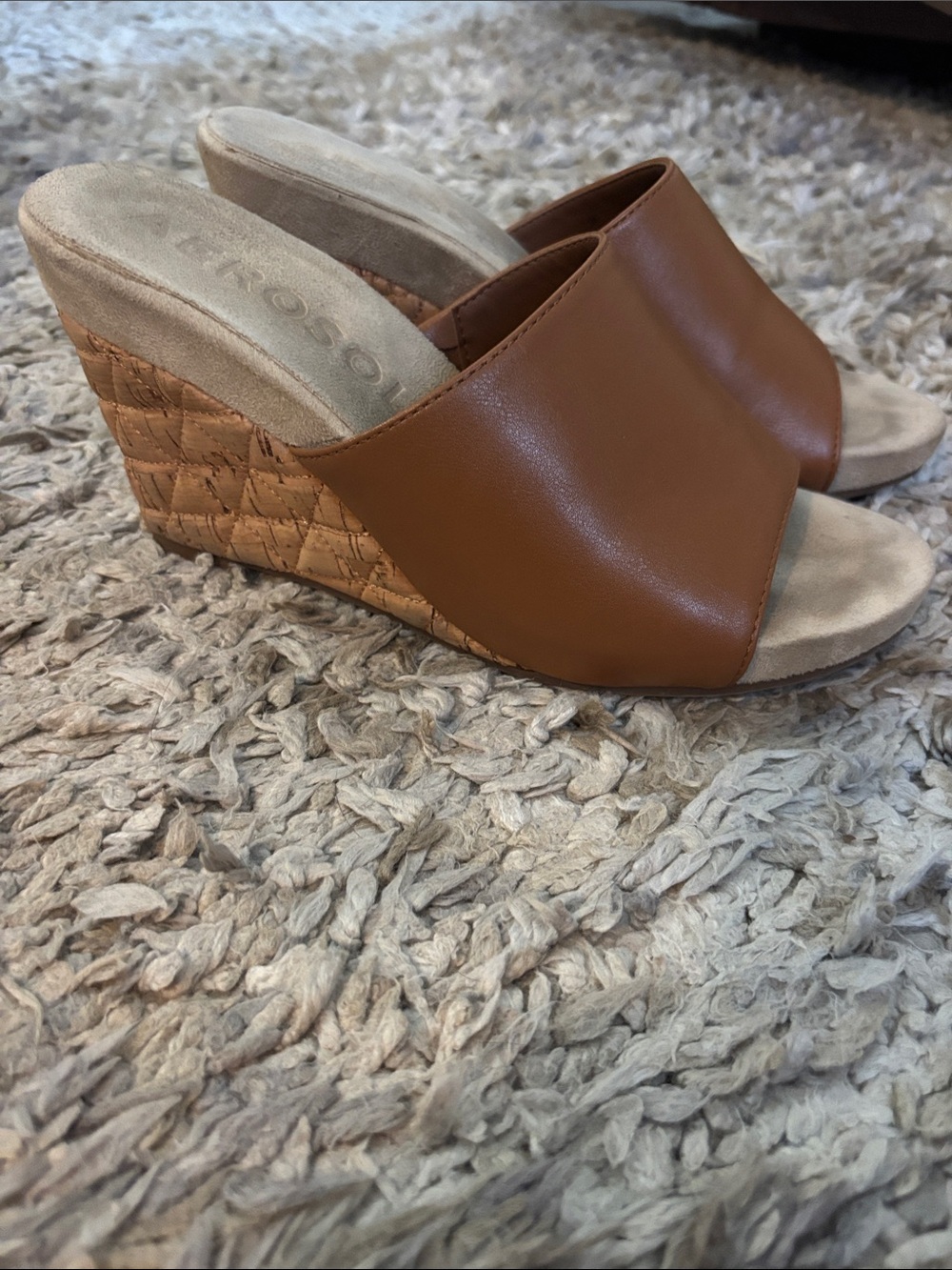AEROSOLES Cognac Leather Wedge Slide Sandals